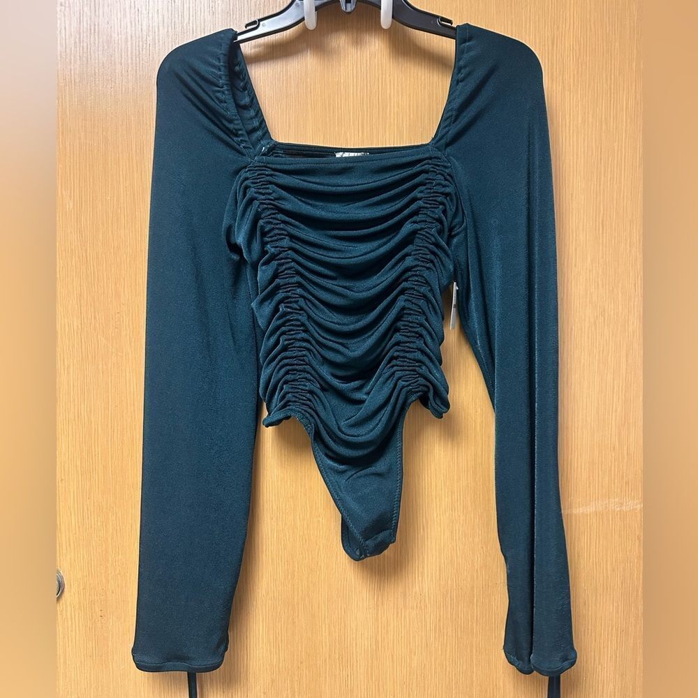free people S Jaded Green Ruched Square Neck Back Bell Tie Long Sleeve Bodysuit